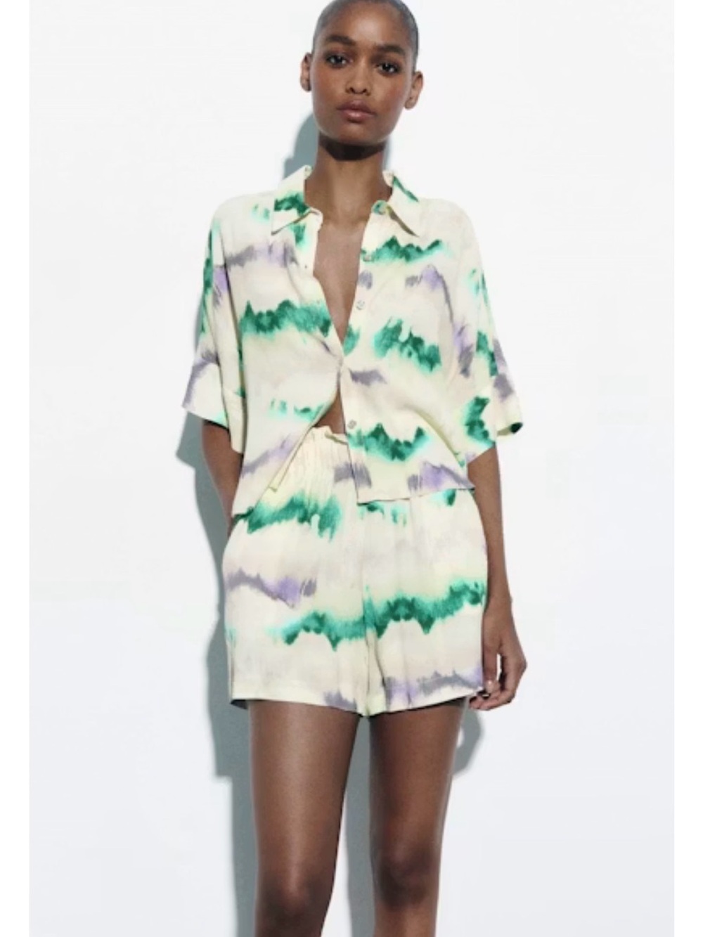 Zara Cream Shirt and Shorts Set with Green and Purple tie dye Print